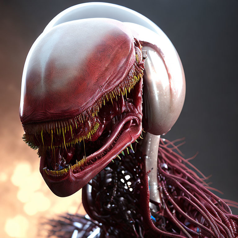 Detailed 3D rendering of alien with large cranium, sharp teeth, and tentacles
