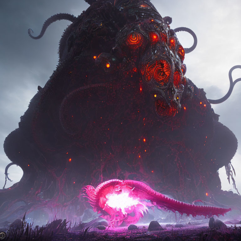 Gigantic creature with glowing red eyes and pink energy beam in dark landscape