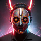 Neon-patterned humanoid figure with horns on dark background