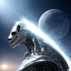 Robotic unicorn figure with visor against moon and sunrise/sunset