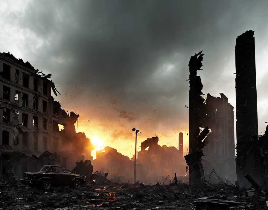 Desolate urban scene: rubble, destroyed buildings, lone car, smoke, fiery sunset.
