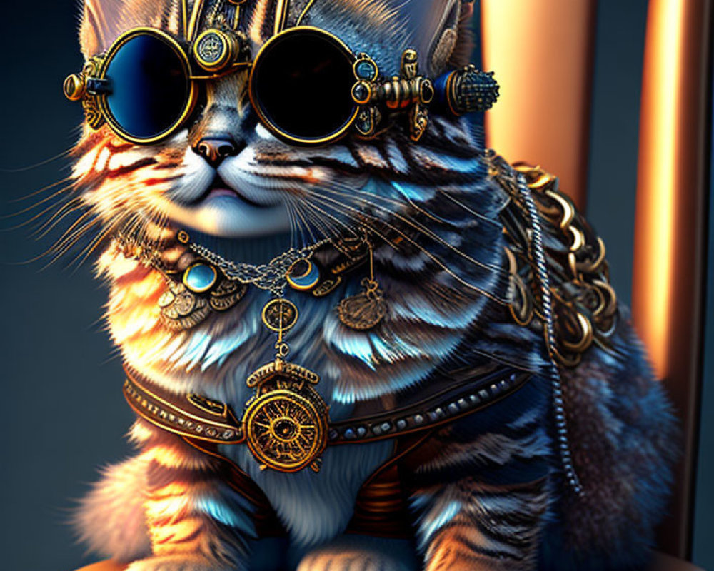 Stylish cat in steampunk goggles with gold jewelry on stool