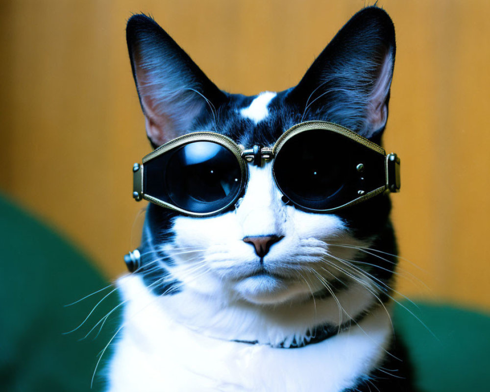 Black and White Cat with Steampunk Goggles on Yellow Background