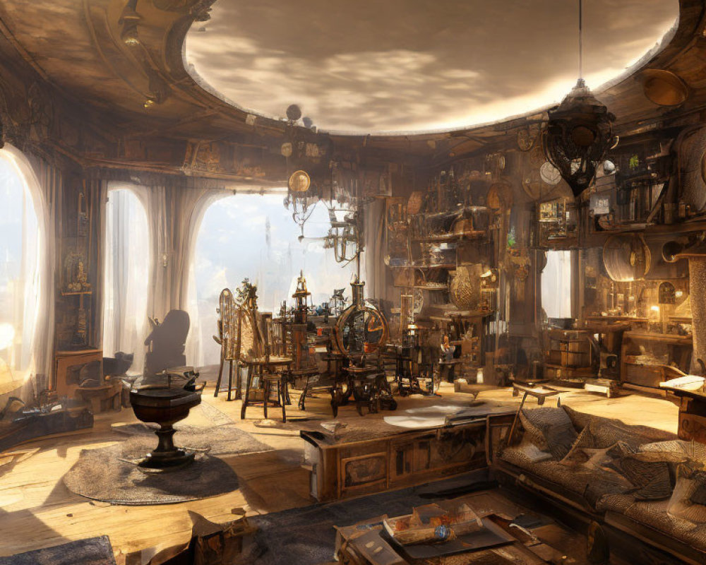 Steampunk-themed study with vintage furniture and brass instruments