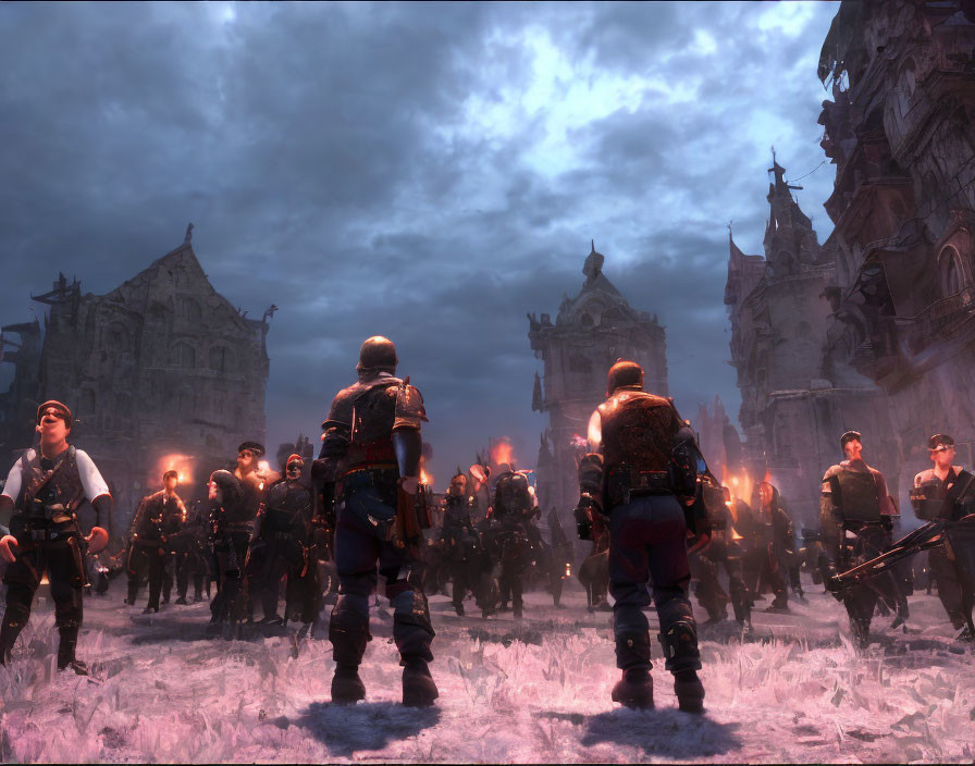 Armored warriors with swords in snowy gothic cityscape at twilight