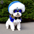 White poodle in steampunk goggles and blue hat with bow tie in front of green hedge