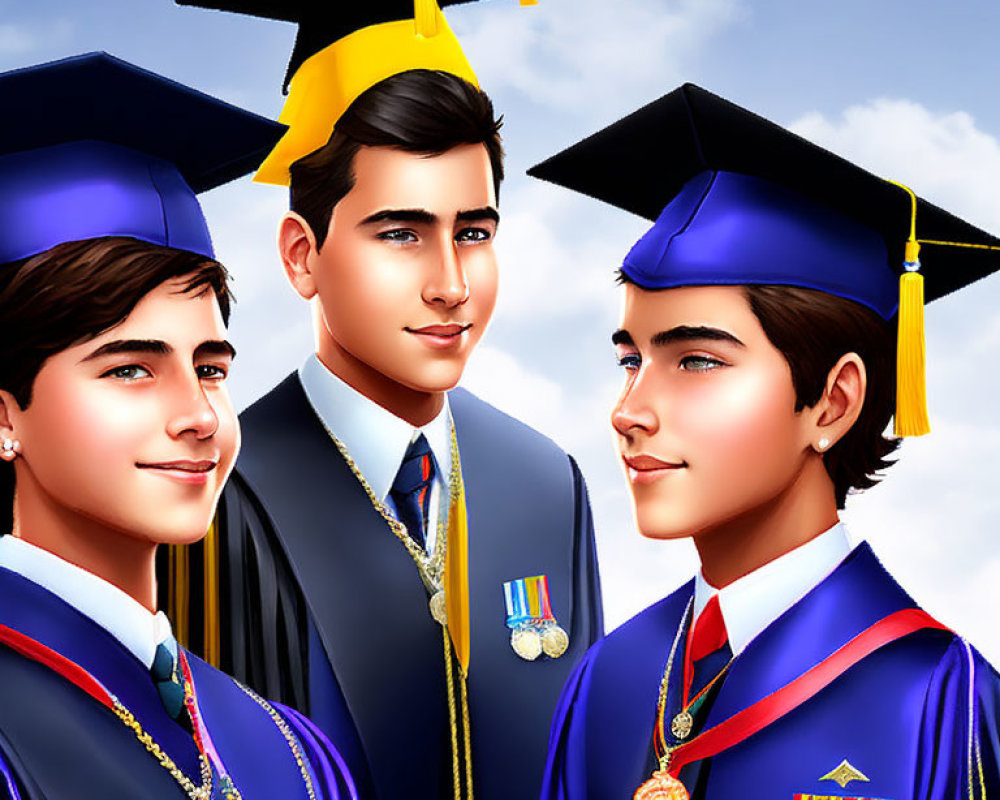 Three male graduates in caps and robes with honors under blue sky