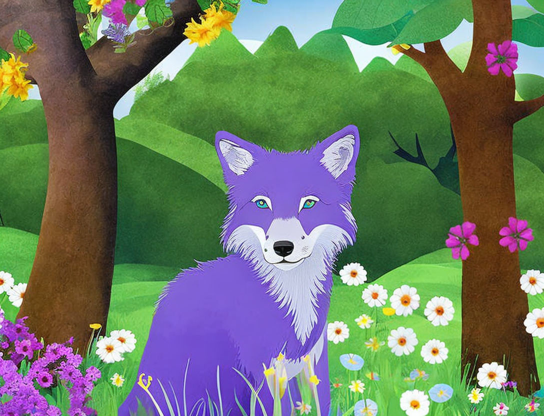 Purple fox in vibrant forest clearing with flowers & trees
