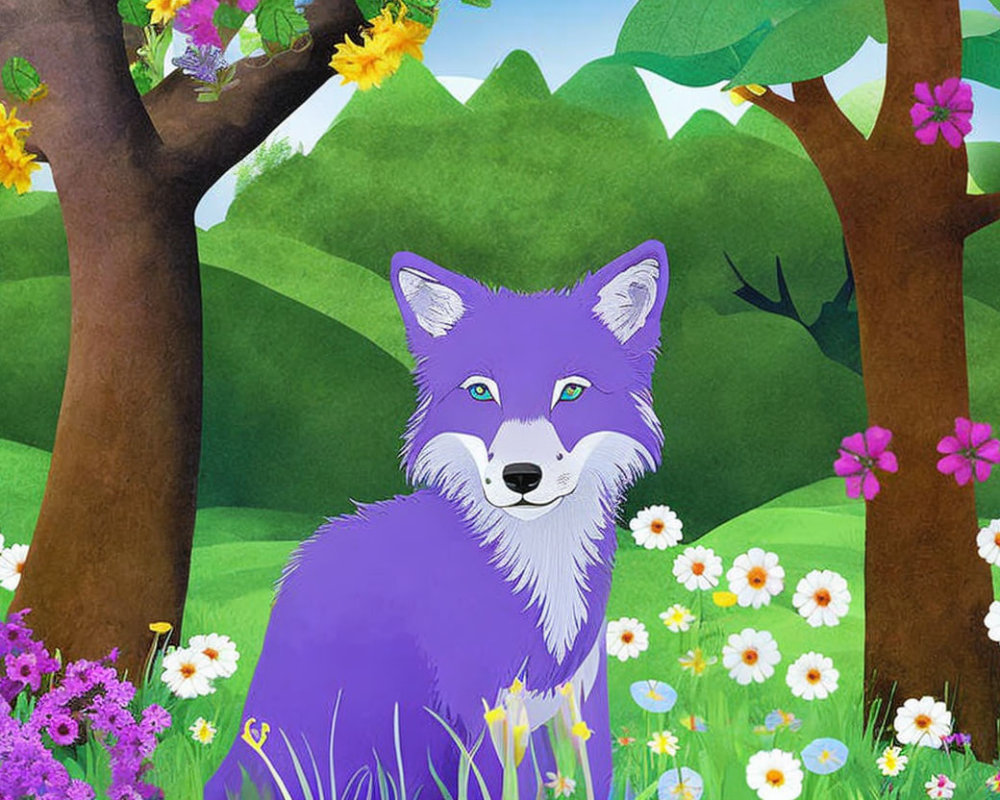 Purple fox in vibrant forest clearing with flowers & trees