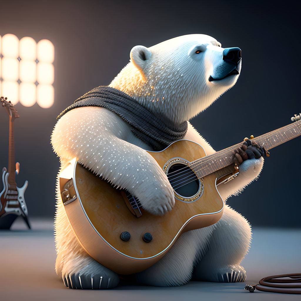 3D-animated polar bear playing acoustic guitar with electric guitars in studio.