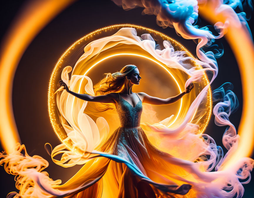 Dynamic rings of light surround woman dancing in colorful smoke