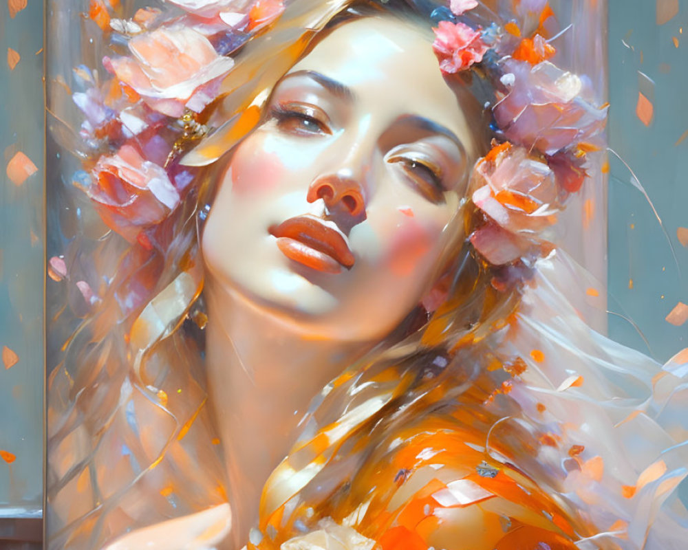 Woman in glass container with water and orange flowers under sunlight