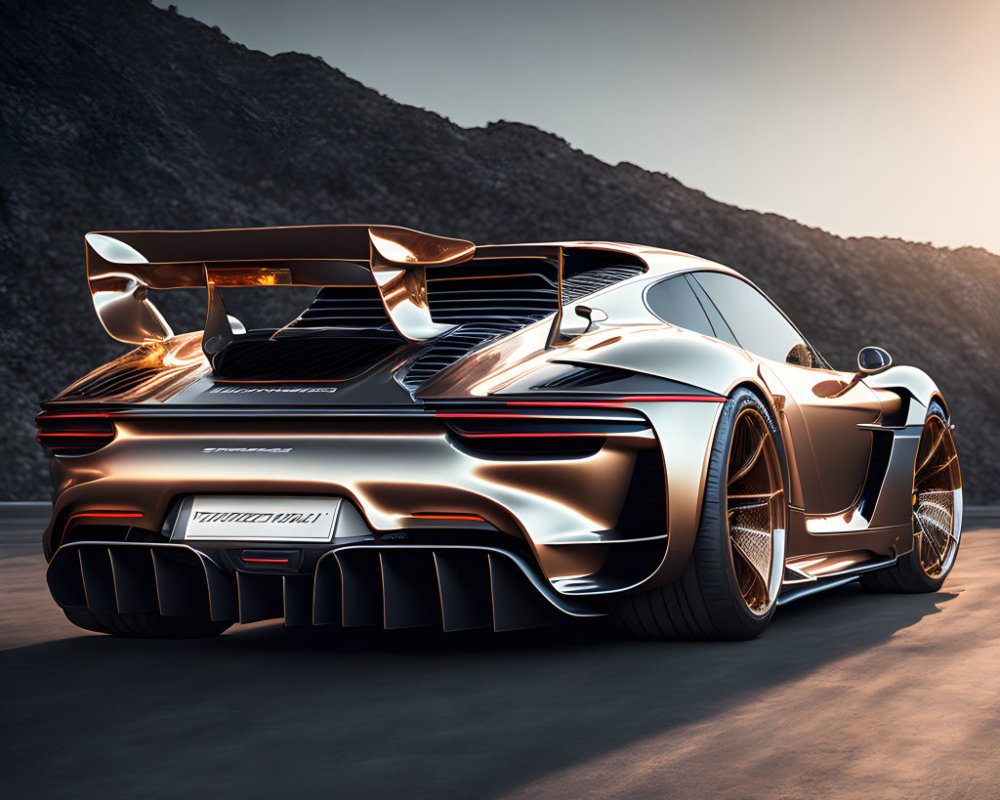 High-performance sports car with rear wing in sunset mountain backdrop