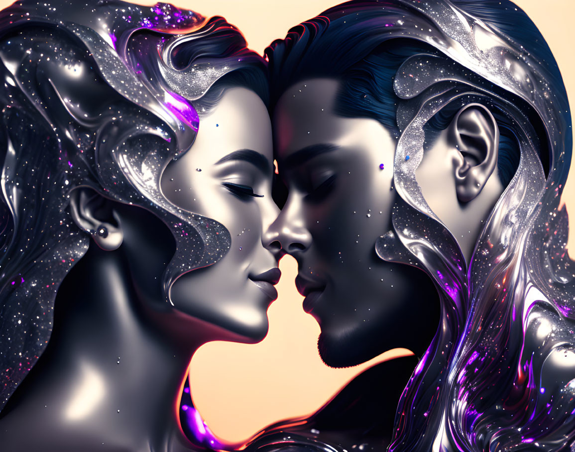 Digital art image: Two faces in profile with cosmic hair on galaxy backdrop