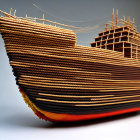 Detailed Close-Up of Multi-Colored Wooden Model Ship with Intricate Rigging and Layered Hull Texture