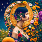 Stylized portrait of woman with golden halo and floral elements