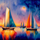 Colorful sailboats on tranquil waters under vivid sunset sky