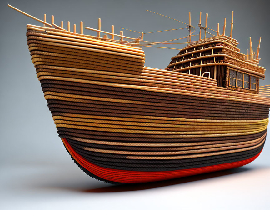 Detailed Close-Up of Multi-Colored Wooden Model Ship with Intricate Rigging and Layered Hull Texture