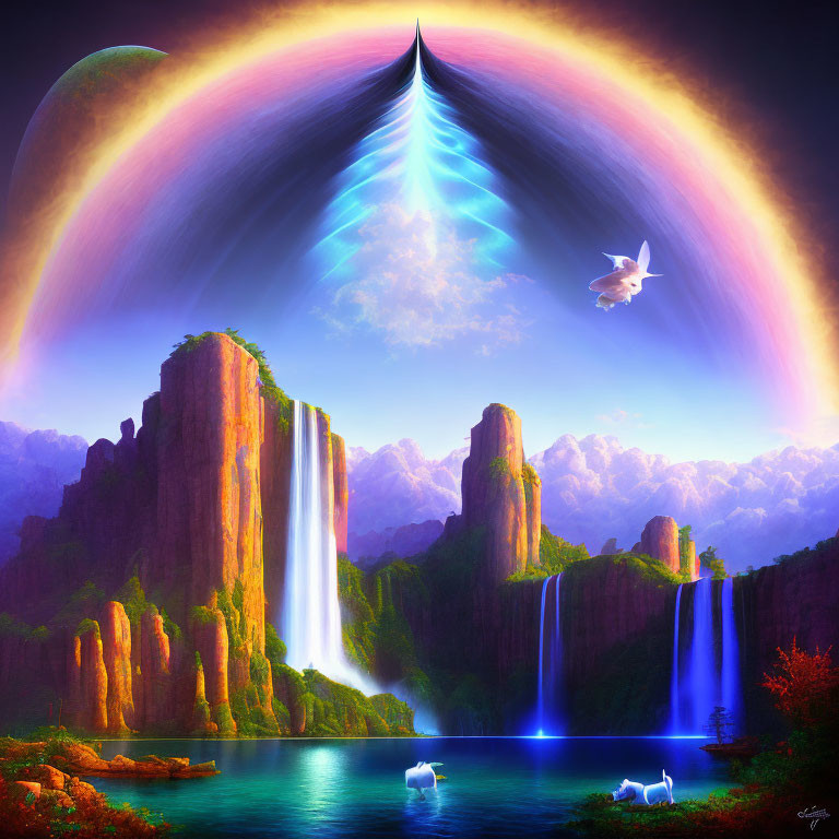 Fantasy landscape with waterfalls, lake, animals, and celestial phenomenon