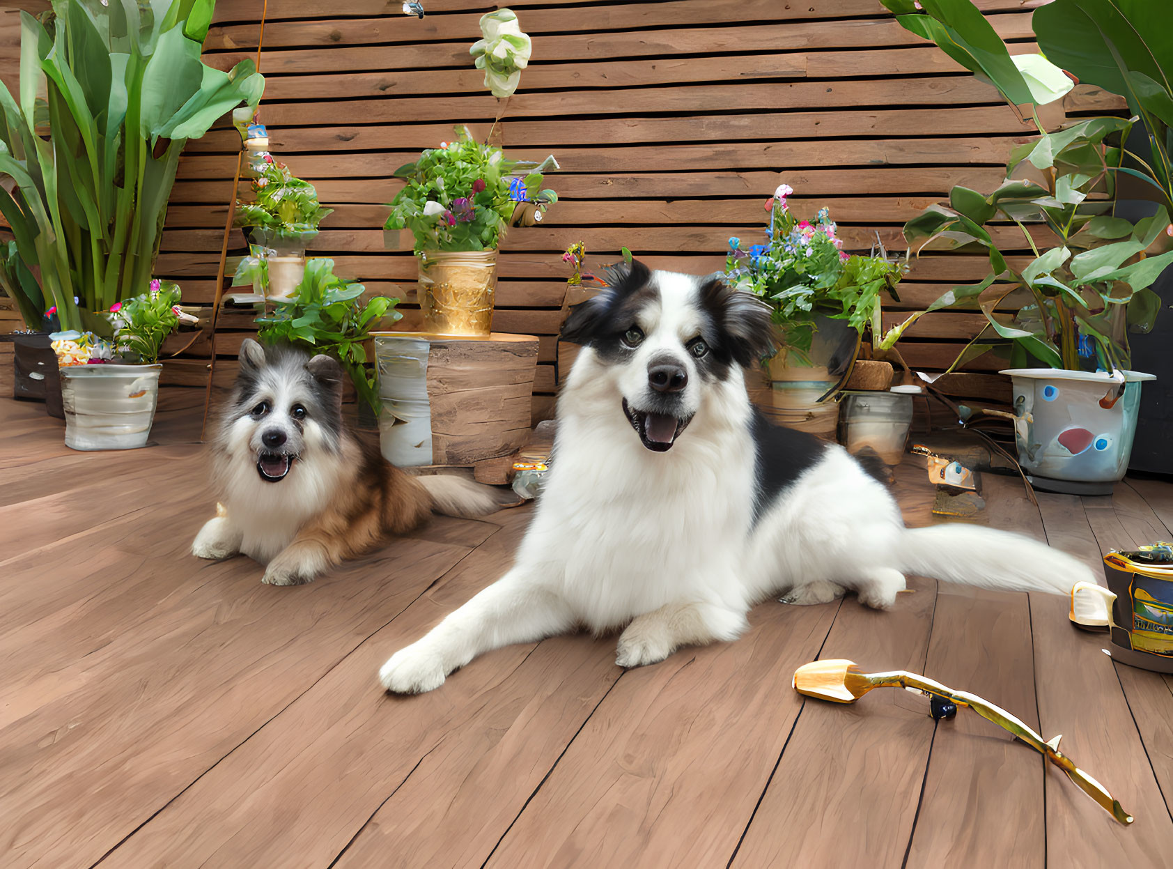 Fluffy dogs on wooden deck with plants & gardening supplies