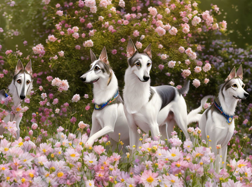 Three Dogs with Colorful Collars in Pink Flower Garden