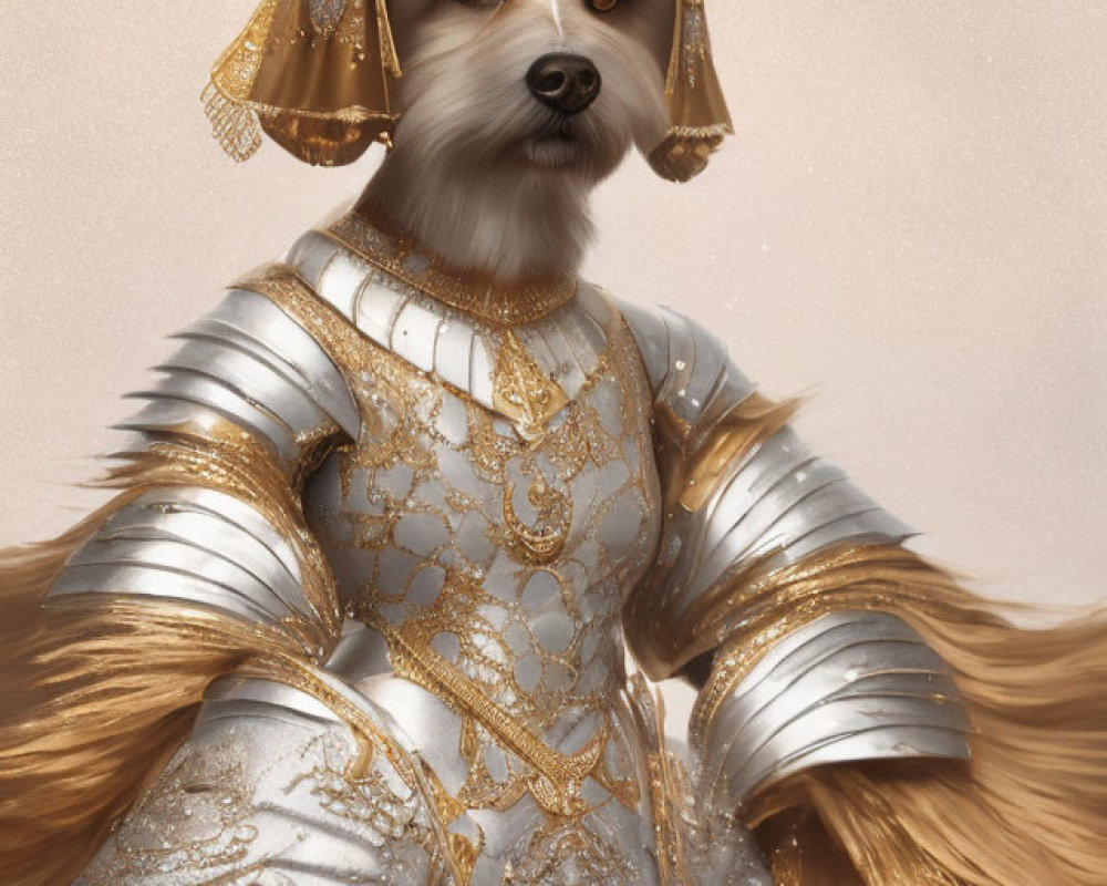 Anthropomorphic dog in golden medieval armor on beige backdrop