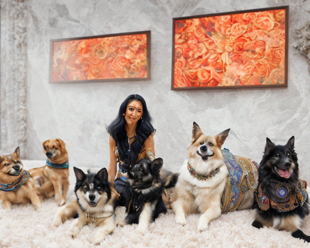 Woman Sitting Among Five Dogs on Fluffy Carpet with Abstract Art Wall Display