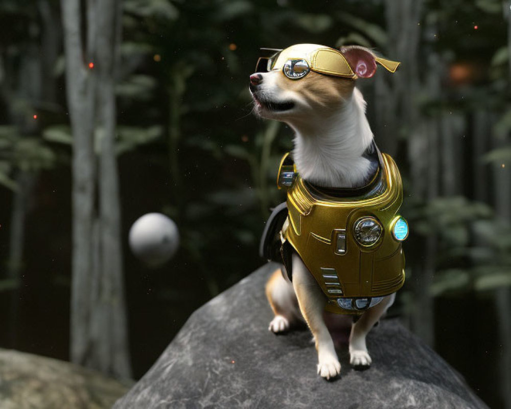 Dog in sci-fi outfit with goggles and helmet on rock in mystical forest with orbs