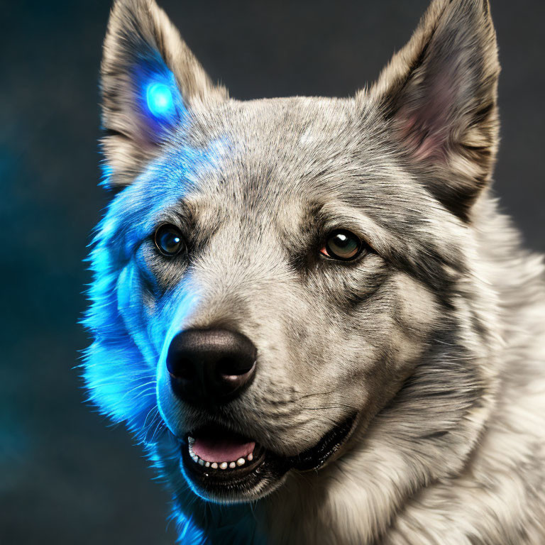 Striking close-up of dog with blue lighting accentuating fur and intense gaze