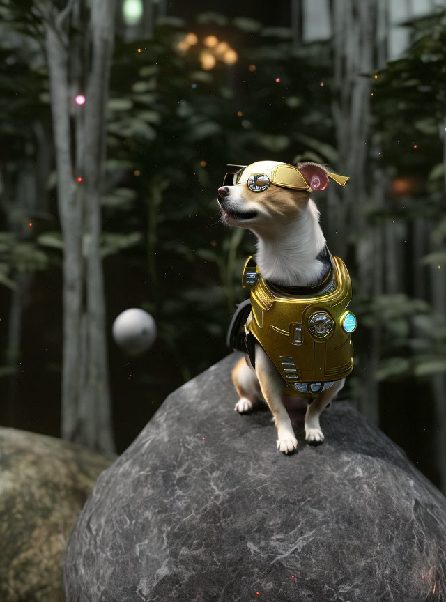Dog in sci-fi outfit with goggles and helmet on rock in mystical forest with orbs