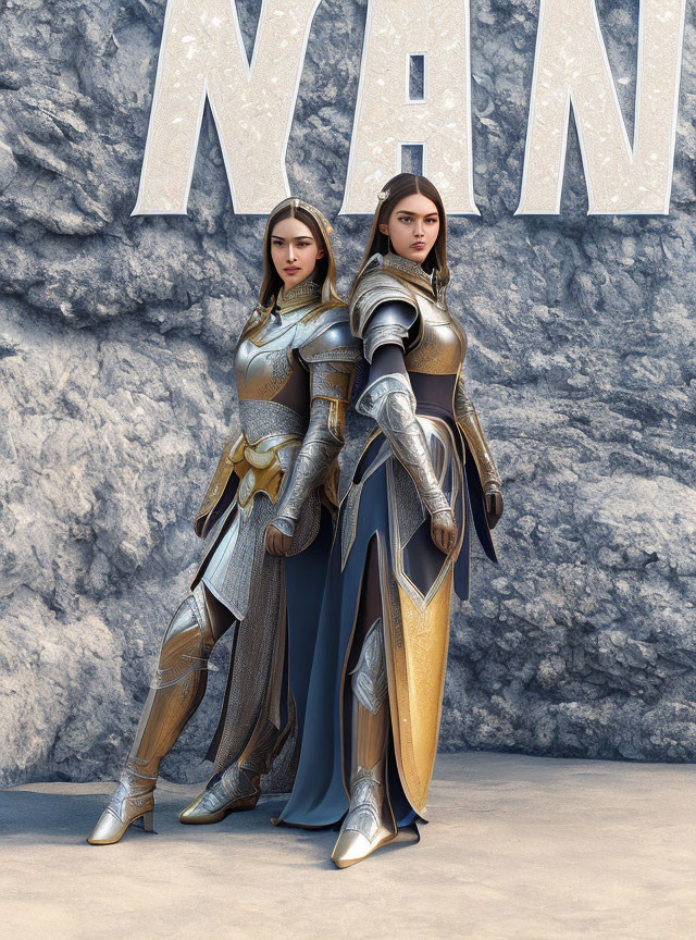 Two female warriors in elaborate medieval armor against rocky backdrop with "NAN" word above