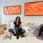 Woman Sitting Among Five Dogs on Fluffy Carpet with Abstract Art Wall Display