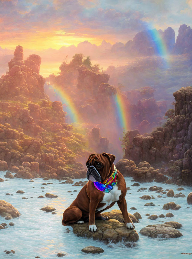Majestic boxer dog in surreal landscape with misty forest and sunset