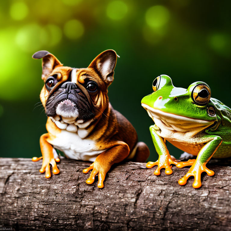 French Bulldog and Green Frog Together on Log with Blurred Background