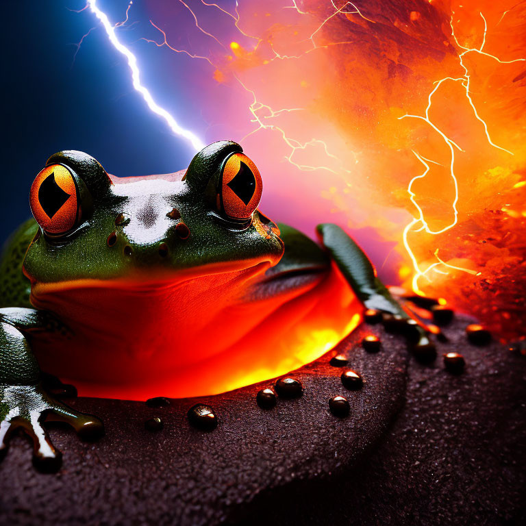Colorful Frog Against Lightning and Fiery Sky with Water Droplets