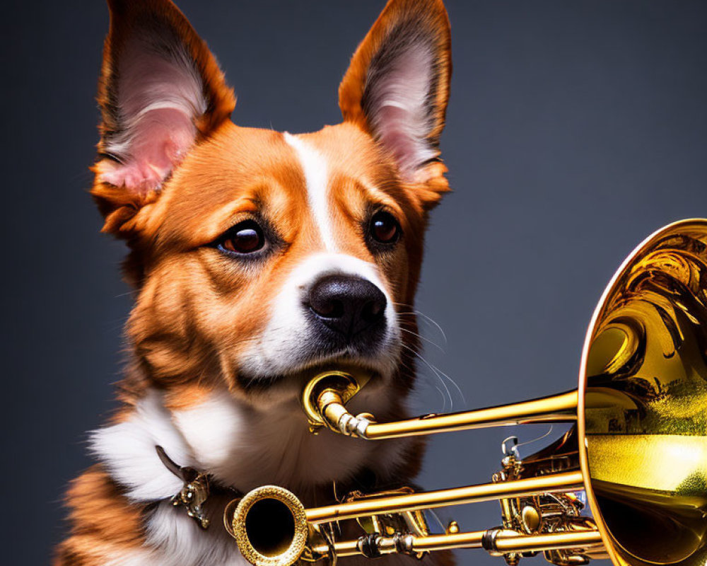 Corgi Dog with Trumpet Bell in Dark Background