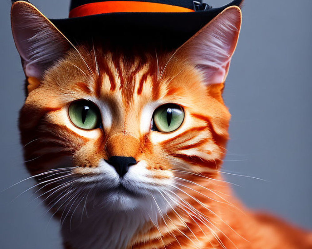 Orange Tabby Cat with Green Eyes Wearing Black Top Hat