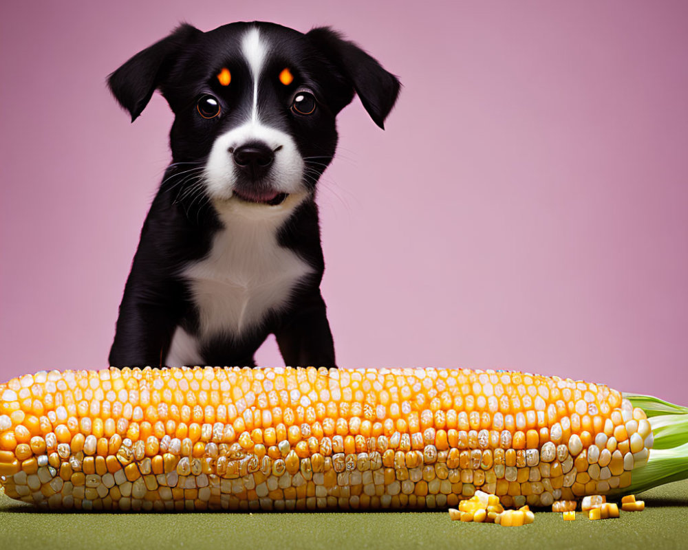 Black and white puppy with bright eyes next to partly eaten corn on green surface.