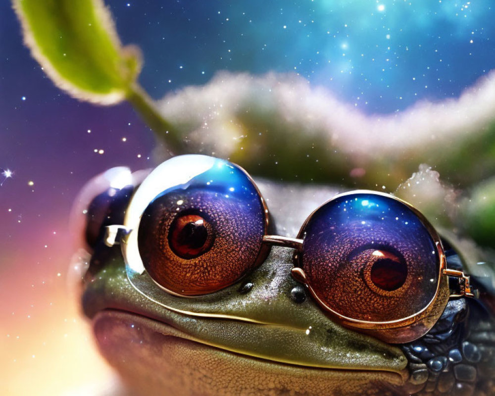 Frog wearing oversized space-themed glasses under starry sky