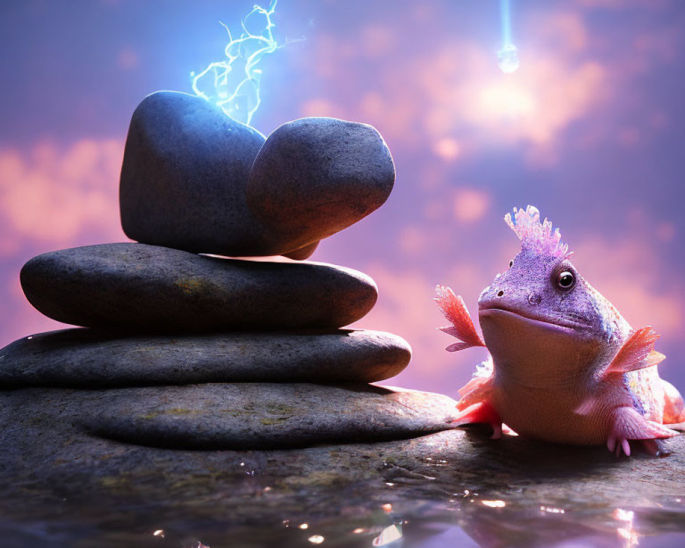 Pink axolotl with glistening skin near smooth river rocks under mystical purple sky with lightning and