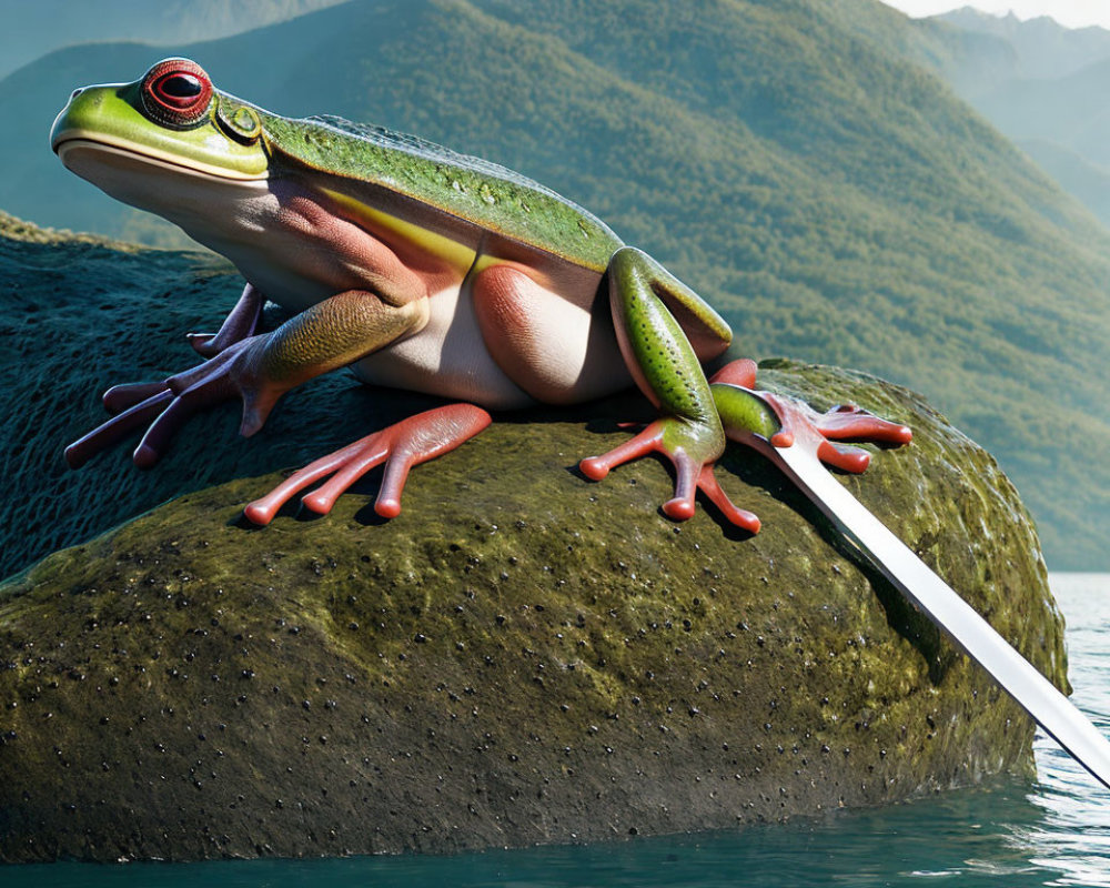 Colorful Frog on Rock with Mountain Backdrop