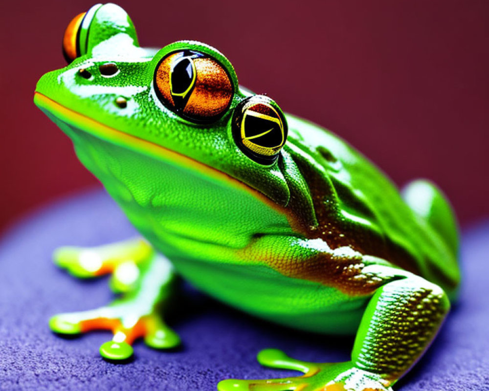 Colorful Frog with Orange Eyes on Purple Surface