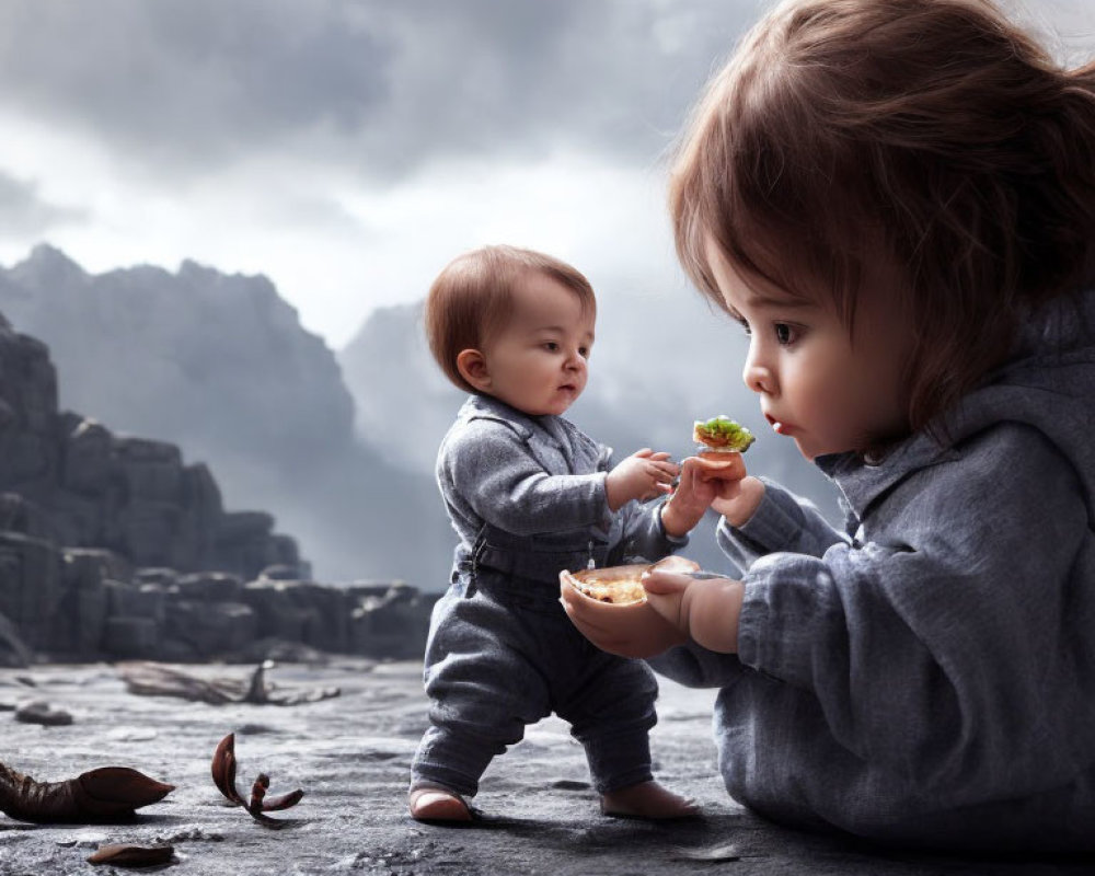 Two toddlers in gray outfits on rocky terrain exchanging a green object