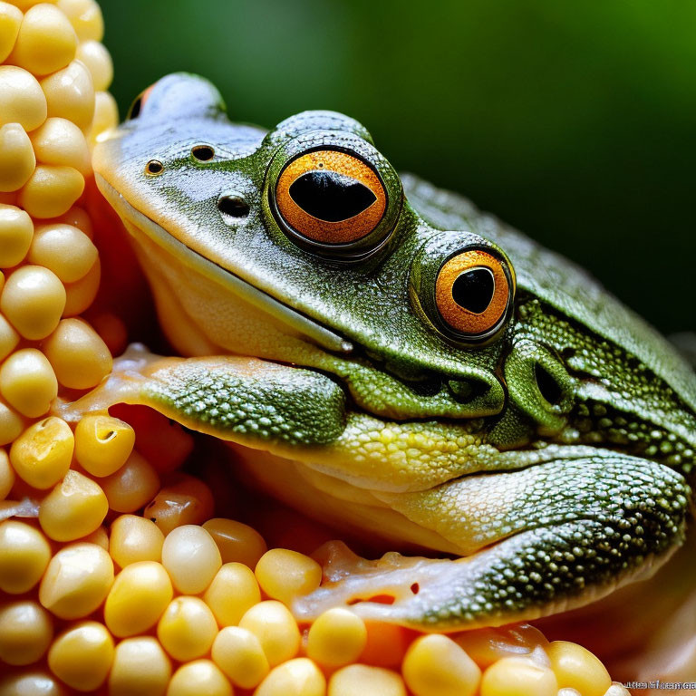 Close-up of green frog with orange eyes on yellow corn-like spheres