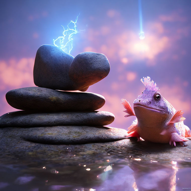Pink axolotl with glistening skin near smooth river rocks under mystical purple sky with lightning and
