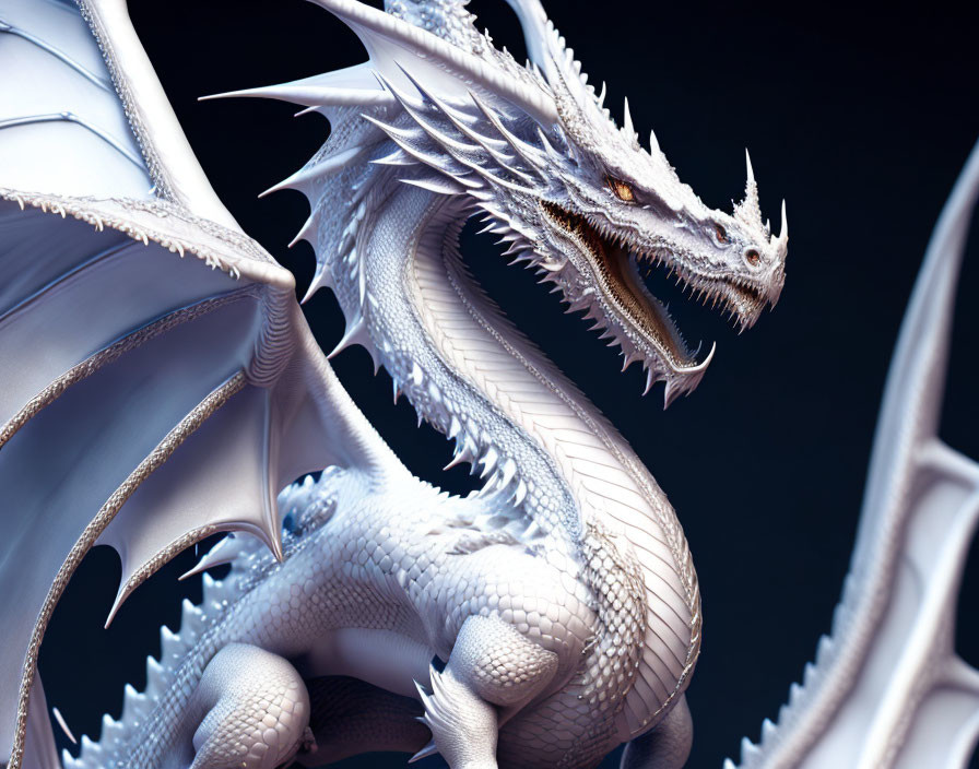 Detailed 3D Rendering of White Dragon with Scales, Wings, and Horns