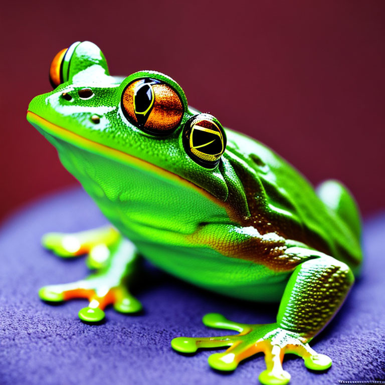 Colorful Frog with Orange Eyes on Purple Surface