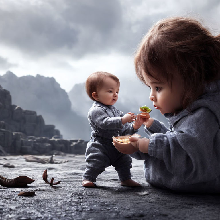 Two toddlers in gray outfits on rocky terrain exchanging a green object