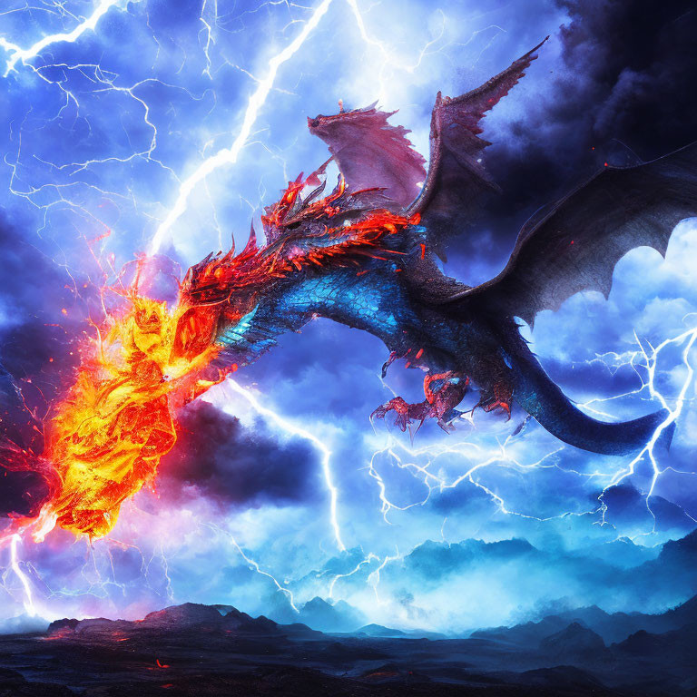 Fiery dragon breathing flames in stormy sky with lightning