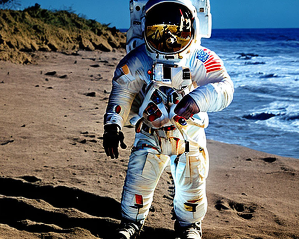 Astronaut in space suit on sandy beach under blue sky